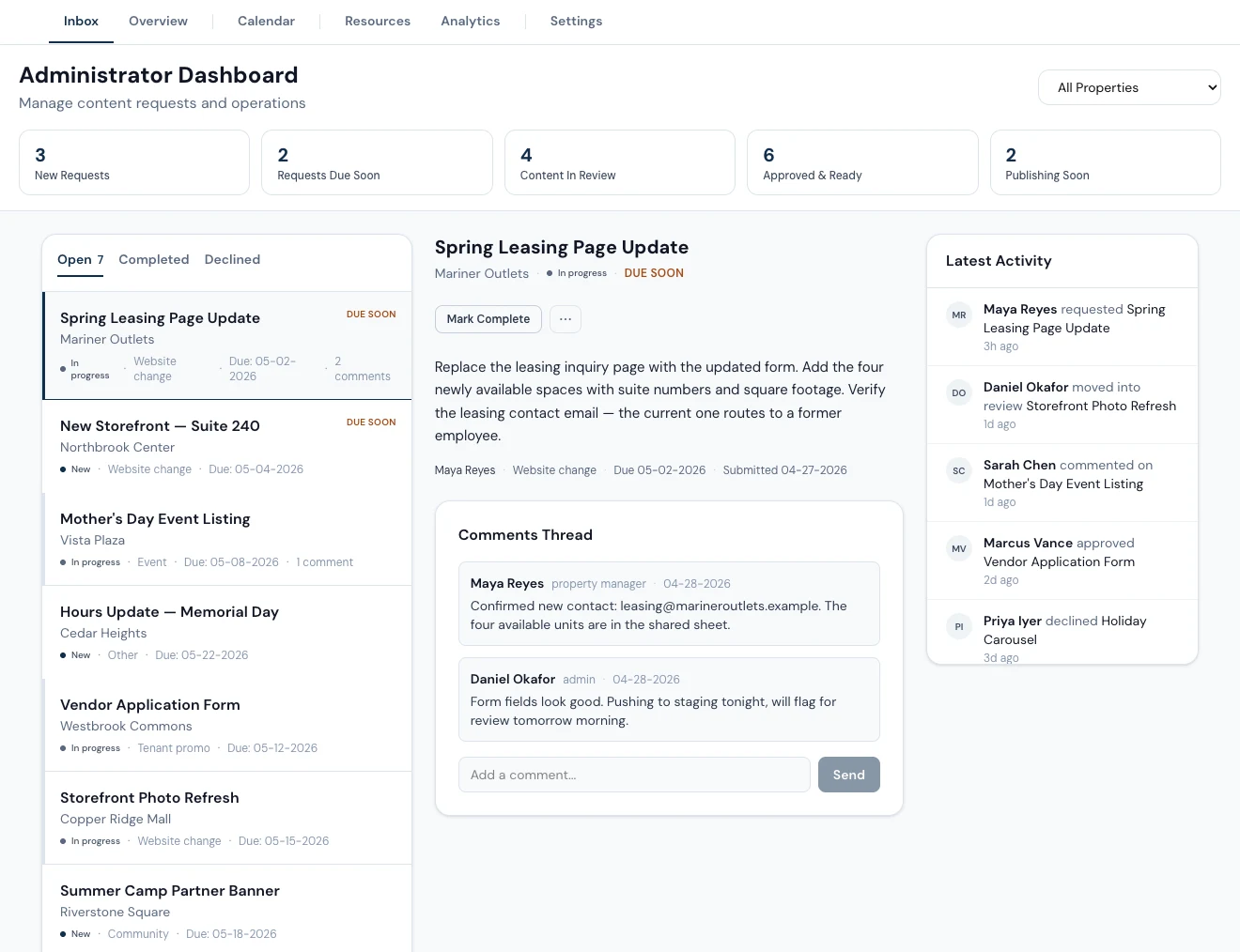 The Portfolio Content System inbox: open requests from several properties, a selected request with its comment thread, and recent activity.